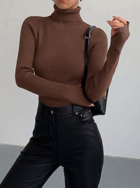 Fitted Ribbed Turtleneck Sweater with Thumb Holes