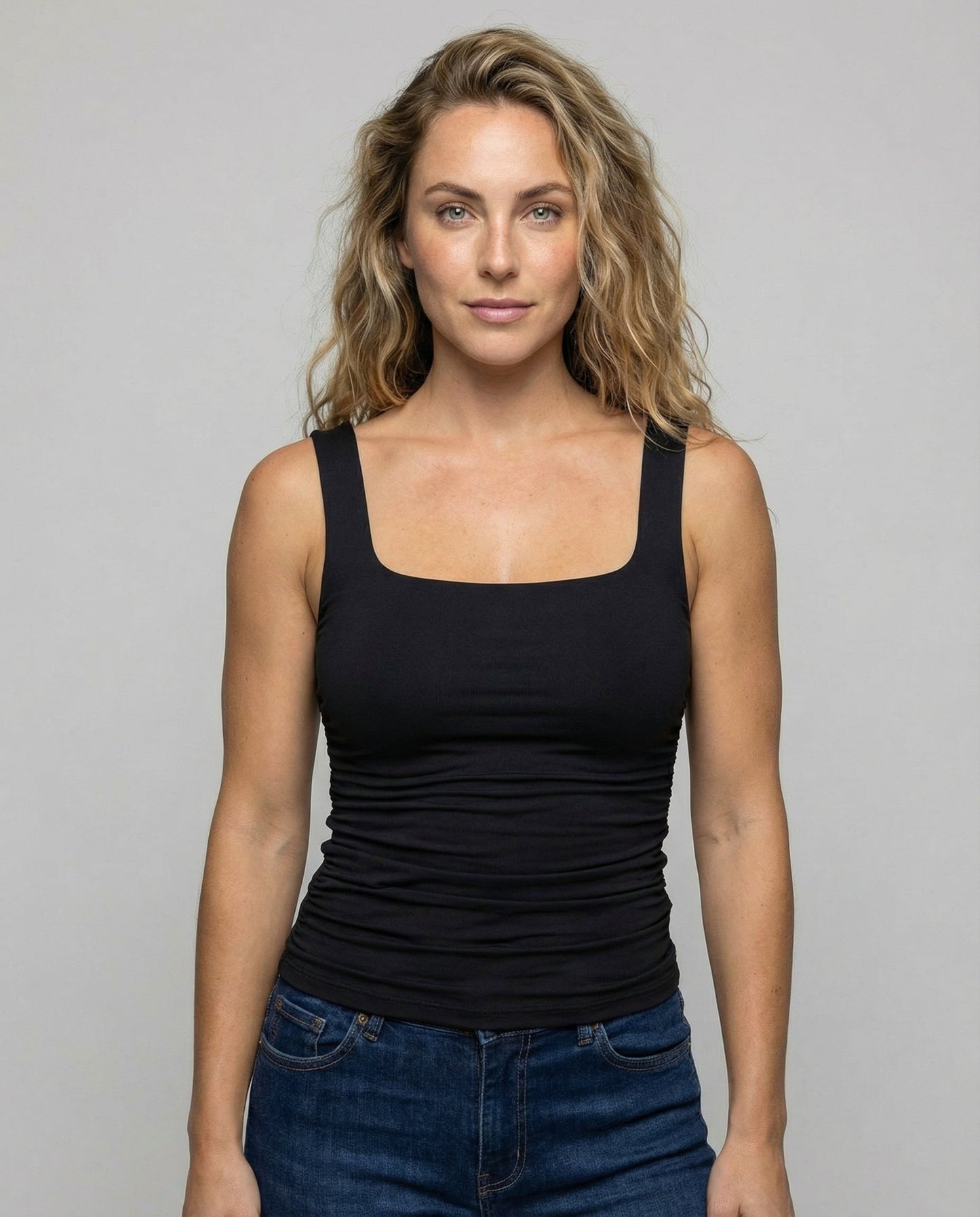Fitted Square Neck Tank Top with Ruched Sides