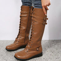 Flat Knee High Lace Up Boots with Triple Buckle Straps
