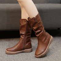 Flat Leather Mid Calf Boots with Slouched Shaft and Side Zip