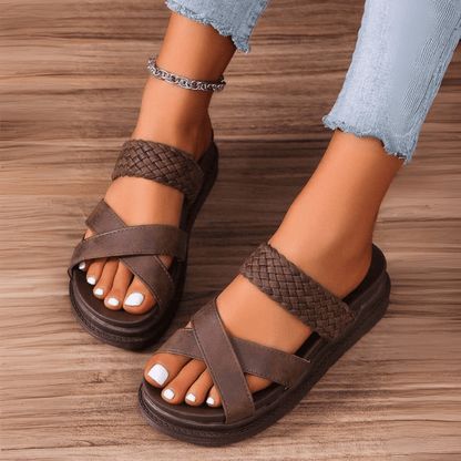 Flat Platform Sandals with Woven Strap and Crossover Detail