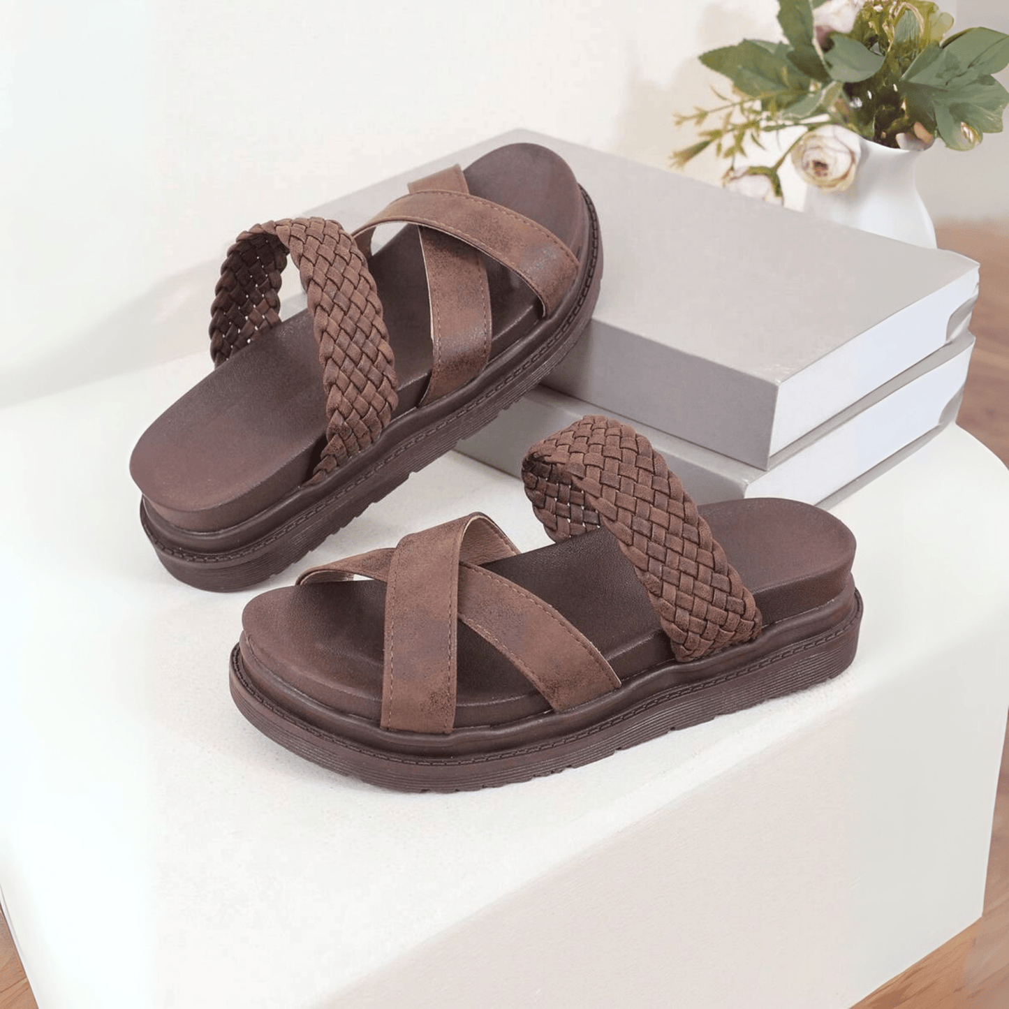 Flat Platform Sandals with Woven Strap and Crossover Detail