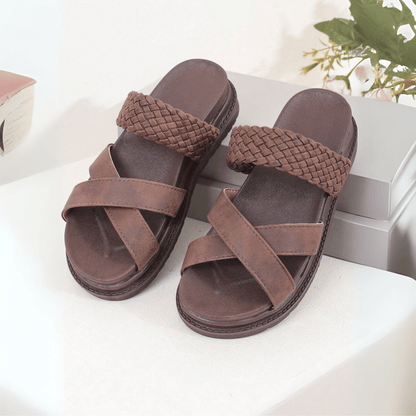 Flat Platform Sandals with Woven Strap and Crossover Detail