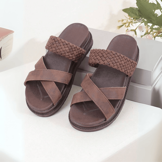 Flat Platform Sandals with Woven Strap and Crossover Detail