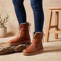 Fleece Lined Leather Winter Boots with Back Lace Detail