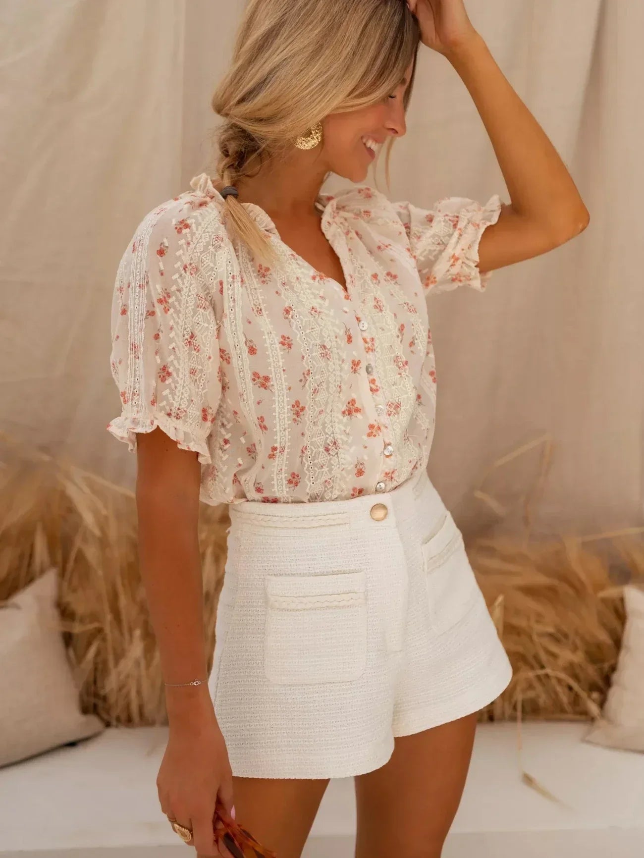 Floral Lace Blouse with Ruffle Collar and Puff Sleeves