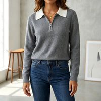 Fluffy Half Zip Sweater with Contrast Collar