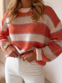 Fluffy Striped Crew Neck Sweater in Coral and Cream