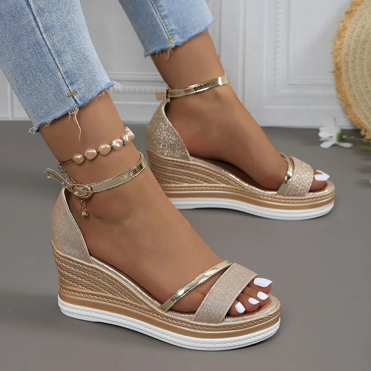 Glitter Platform Wedge Sandals with Ankle Strap