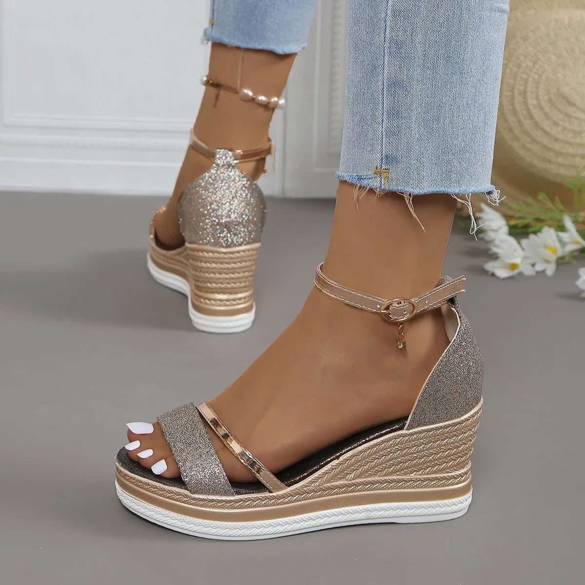 Glitter Platform Wedge Sandals with Ankle Strap