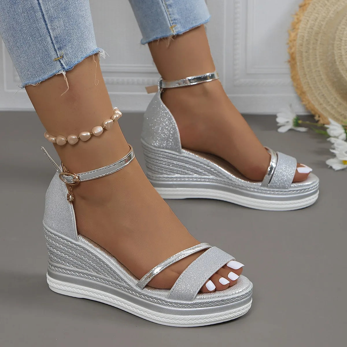 Glitter Platform Wedge Sandals with Ankle Strap