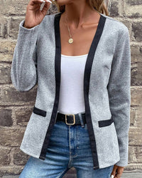 Gray Open Front Blazer with Black Contrast Trim