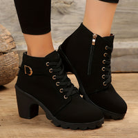 Heeled Ankle Boots with Lace Up Front and Gold Buckle Detail