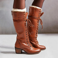 Heeled Knee High Lace-Up Leather Boots with Wrap Tie