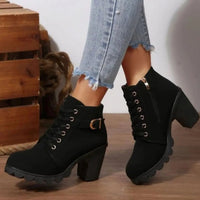Heeled Lace-Up Ankle Boots with Buckle and Platform Sole