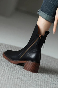 Heeled Leather Ankle Boots with Side Zip and Block Heel