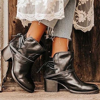 Heeled Leather Ankle Boots with Wrap Lace Detail in Western Style