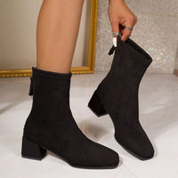 Heeled Suede Ankle Boots with Block Heel and Back Zip