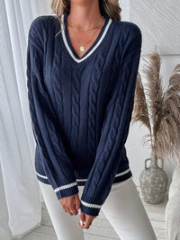 Heritage Cable Knit Sweater with Contrast Stripe Trim