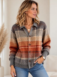 Heritage Plaid Cardigan with Collar and Wooden Buttons