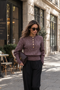 Heritage Wool Sweater with Gold Crest Buttons and Puff Sleeves