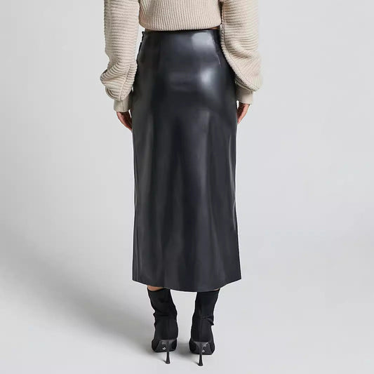 High Waist Faux Leather Midi Skirt with Side Split