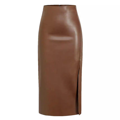 High Waist Faux Leather Midi Skirt with Side Split