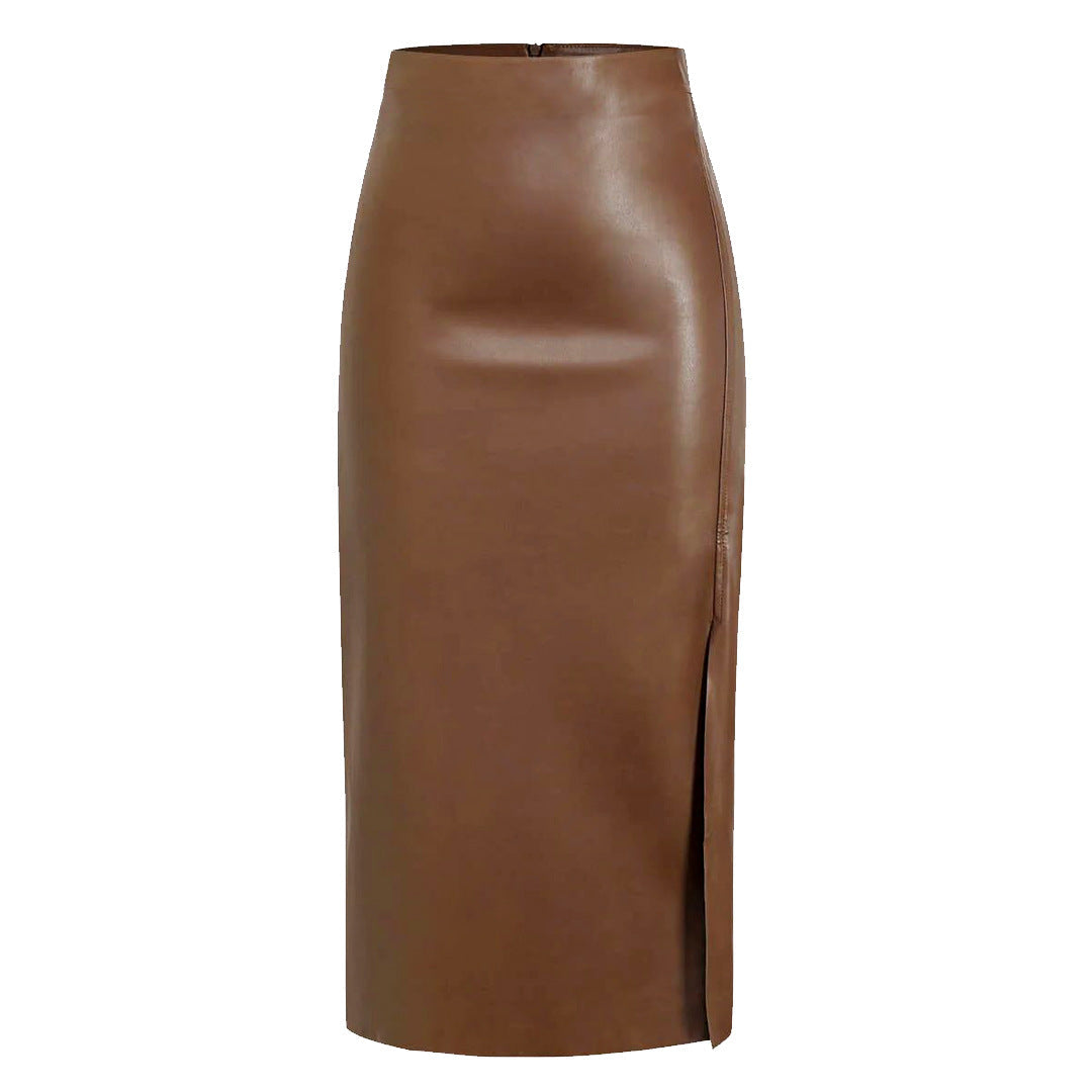 High Waist Faux Leather Midi Skirt with Side Split