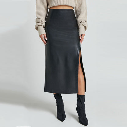 High Waist Faux Leather Midi Skirt with Side Split