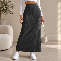 High Waist Ribbed Knit Maxi Skirt with Side Slit