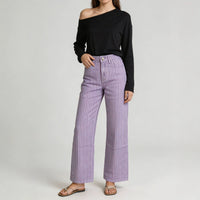 High Waist Wide Leg Striped Trousers with Knee Panel Detail