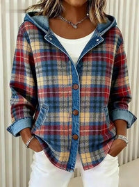 Hooded Plaid Shacket with Denim Trim and Front Pockets
