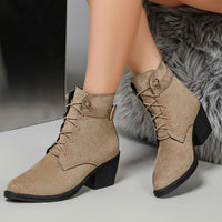 Khaki Suede Heeled Ankle Boots with Lace Up and Gold Buckle