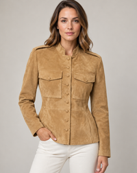 Khaki Suede Military Jacket with Stand Collar and Epaulettes