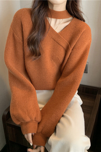 Knit Sweater with Choker Collar and Wrap V-Neckline