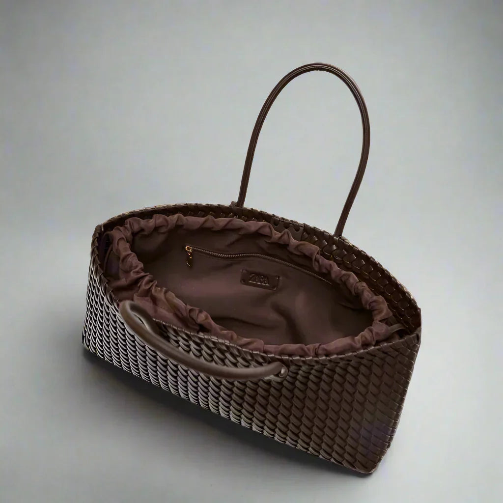 Large Woven Leather Tote Bag with Knotted Handles
