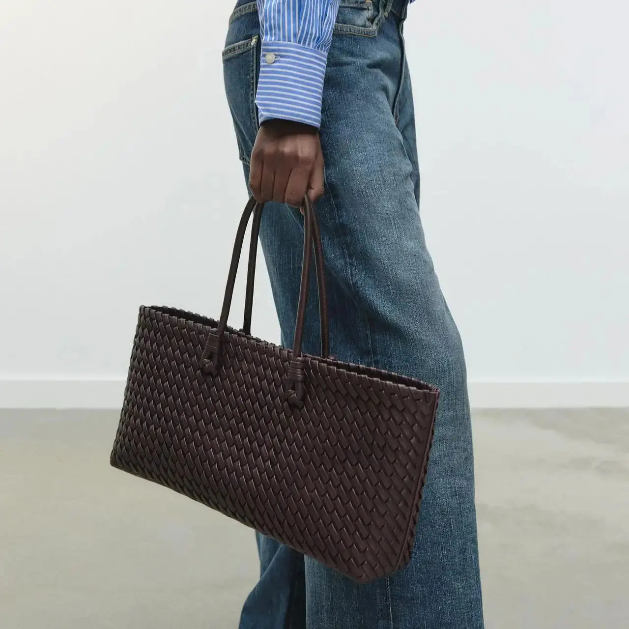 Large Woven Leather Tote Bag with Knotted Handles