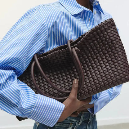 Large Woven Leather Tote Bag with Knotted Handles