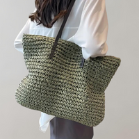 Large Woven Straw Tote Bag with Leather Handles