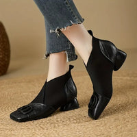 Leather Ankle Boots with Block Heel and Knit Panel