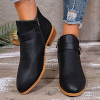 Leather Ankle Boots with Gold Buckle Strap and Block Heel