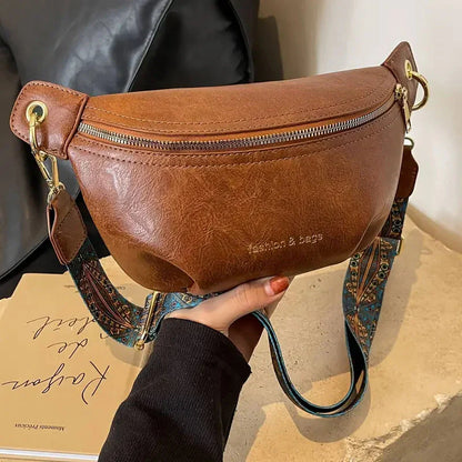 Leather Crossbody Bag with Boho Patterned Strap and Front Zip Pocket