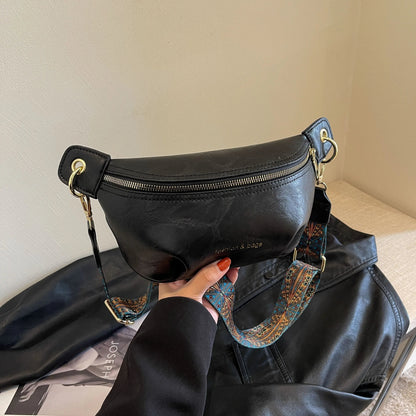 Leather Crossbody Bag with Boho Patterned Strap and Front Zip Pocket