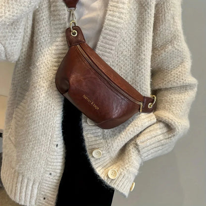 Leather Crossbody Bag with Boho Patterned Strap and Front Zip Pocket