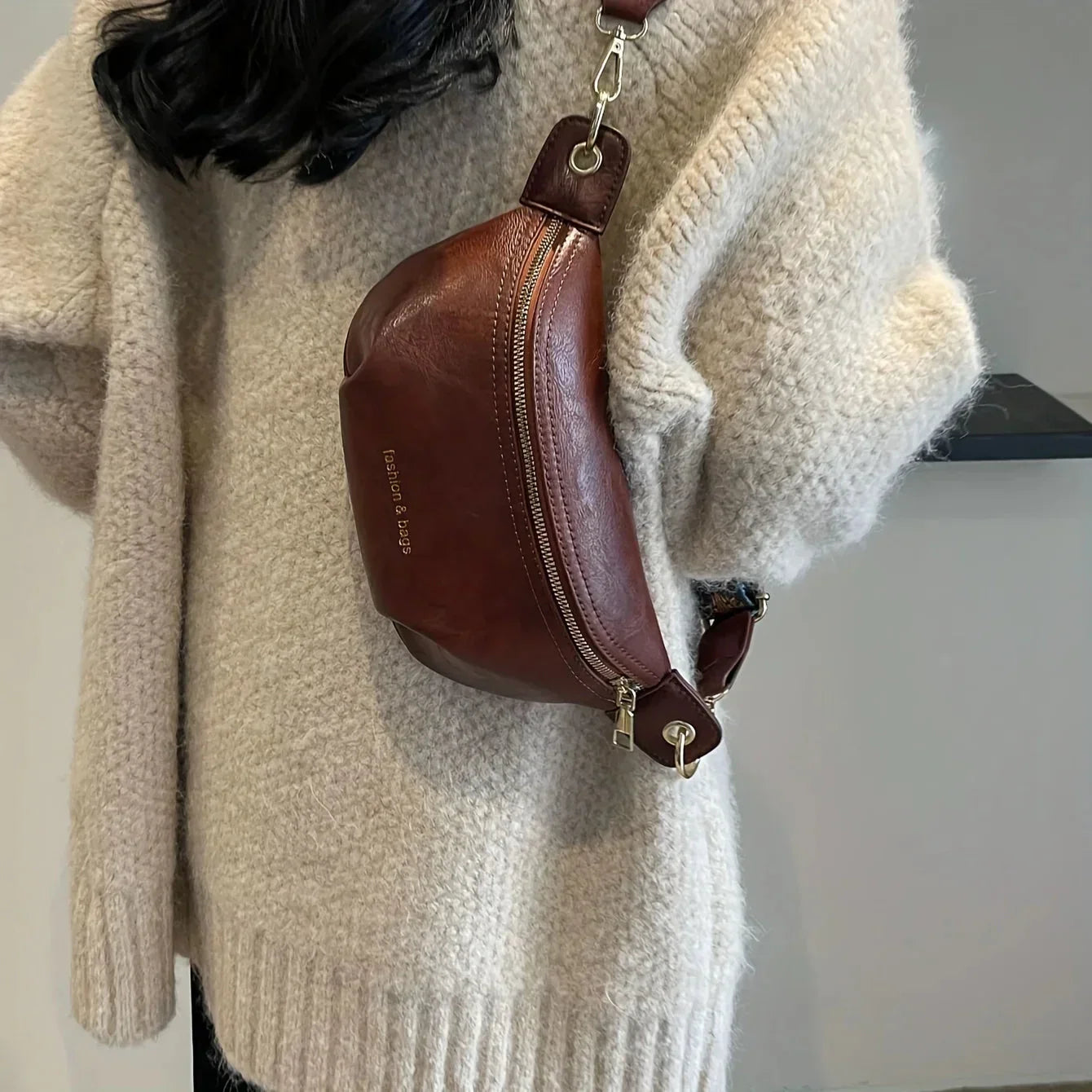 Leather Crossbody Bag with Boho Patterned Strap and Front Zip Pocket
