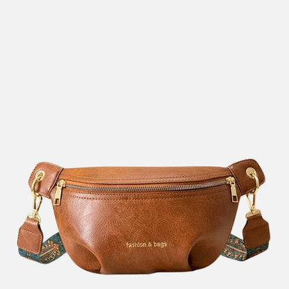 Leather Crossbody Bag with Boho Patterned Strap and Front Zip Pocket