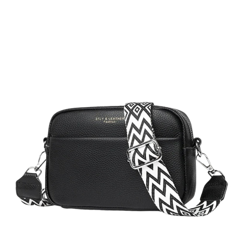 Leather Crossbody Bag with Patterned Wide Strap