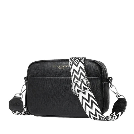 Leather Crossbody Bag with Patterned Wide Strap