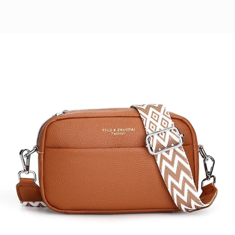Leather Crossbody Bag with Patterned Wide Strap