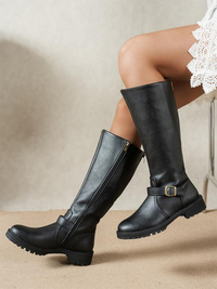 Leather Knee High Boots with Buckle Strap and Lug Sole